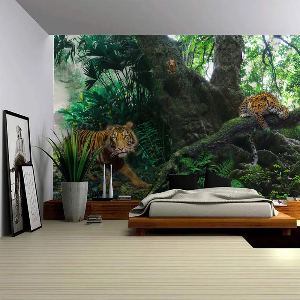 Primitive Forest Animal Tapestry Home Aesthetics Jungle Tiger Leopard Bear Wall Hanging Living Room Sofa Wall Background Cloth 4