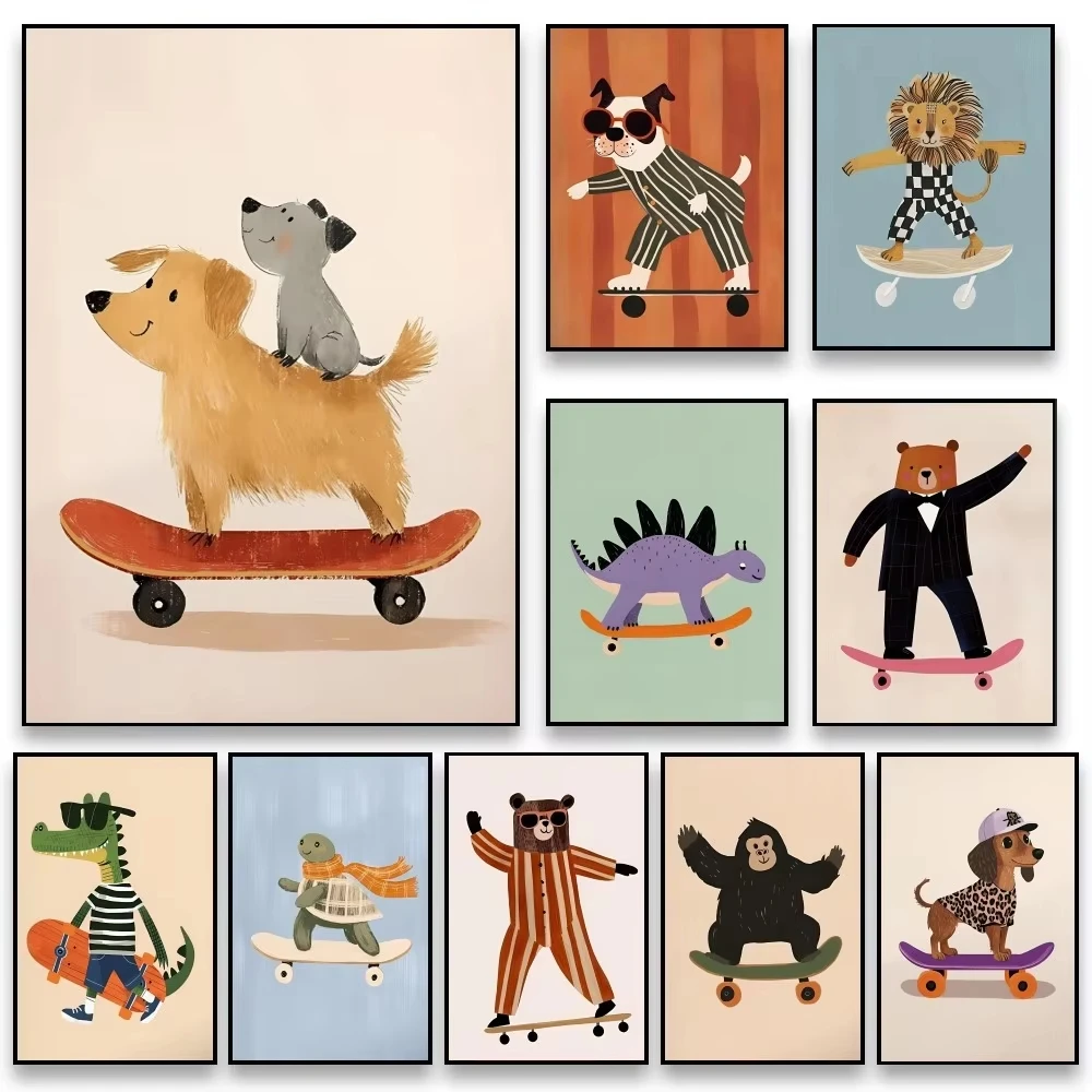 Póster de animales divertidos, conejo, perro, panda, león, skateboar, pegatinas, murales artísticos, decoración para sala de juegos, regalos, pintura HD Kawaii