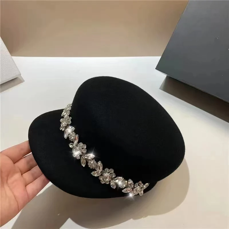 202406-16 ins chic winter wool felt luxury large shiny rhinestone flowers chain lady Octagonal hat women visors cap