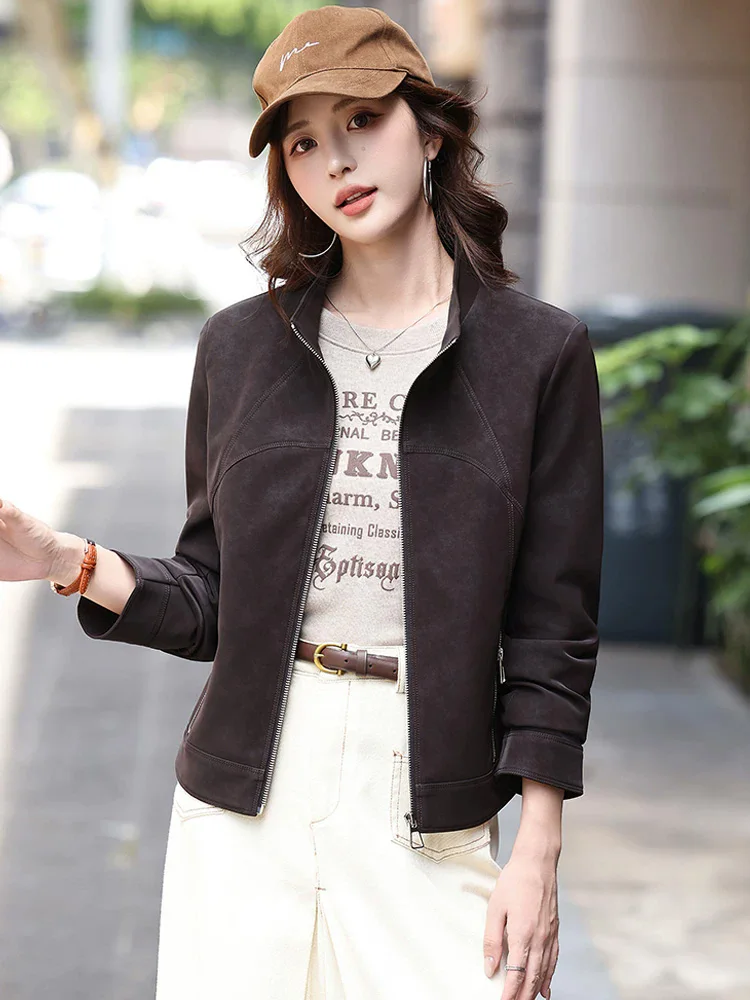 New Women Spring Autumn Casual Suede Jacket Fashion Stand Collar Long Sleeve Daily Leather Jacket Simplicity Easy match Coat