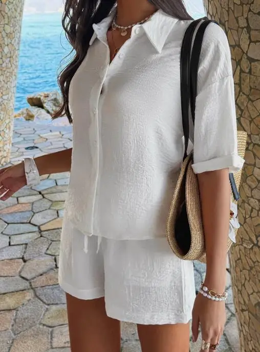 

Women's Two-Piece Set 2026 Spring/summer New Fashion Lightweight Mature Vacation Casual Loose Shirt and Shorts Set Women's Wear