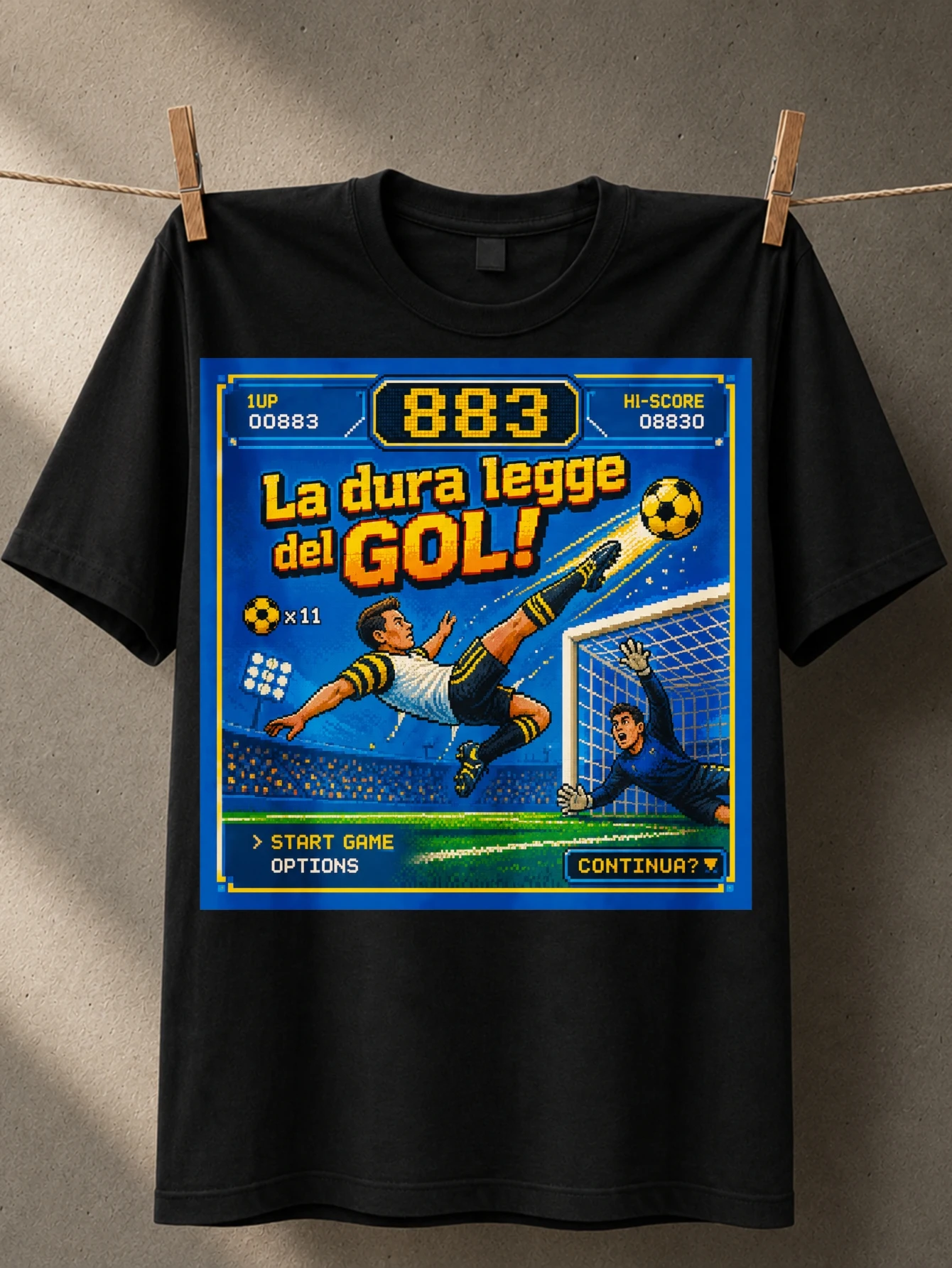 883 Retro Game pixel soccer screen with goalkeeper bicycle kick score details and bright arcade  Unisex All T-Shirt