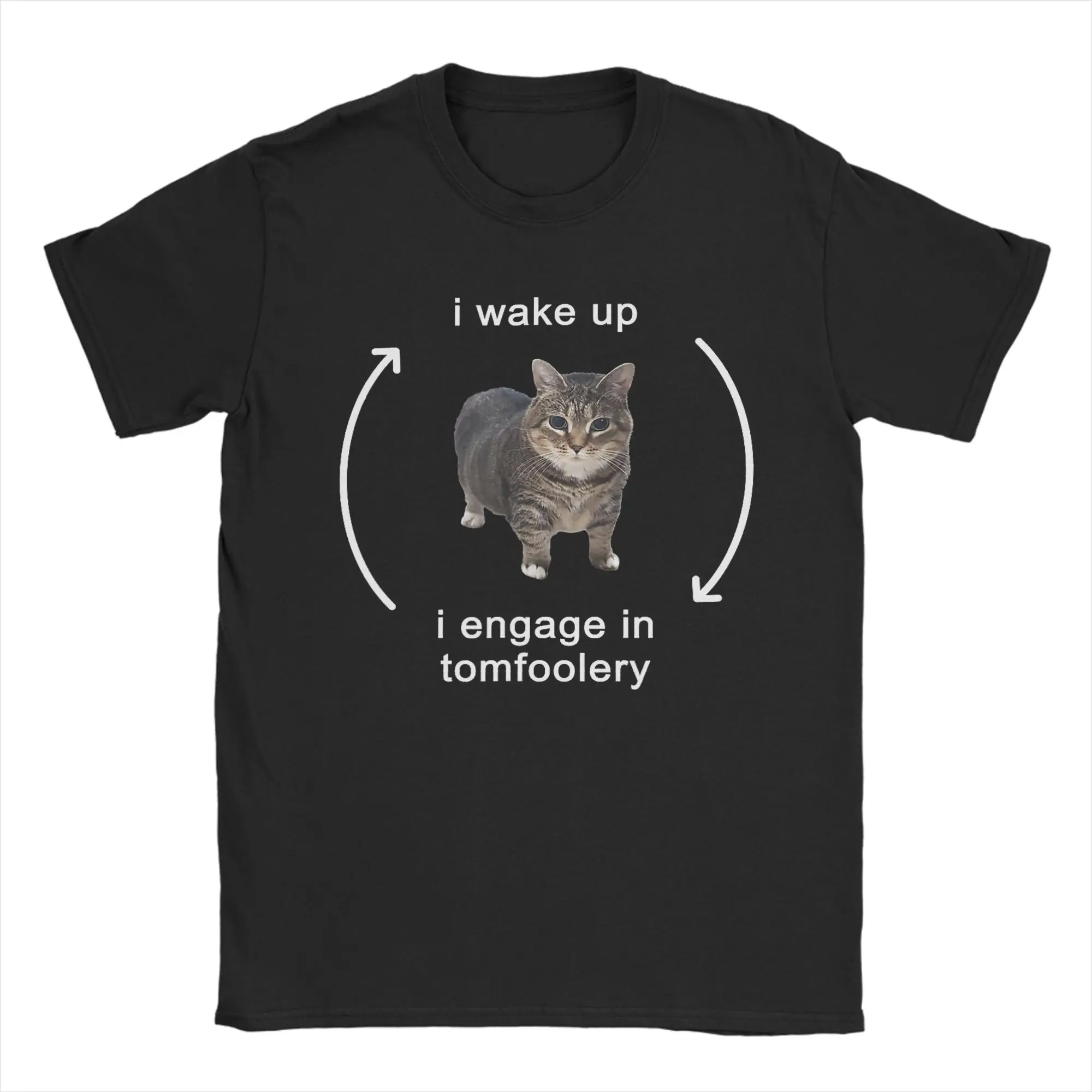 I Wake Up I Engage in Tomfoolery Silly Cat Meme T-Shirt Men O Neck Pure Cotton T Shirts Short Sleeve Tee Shirt Printing Clothing