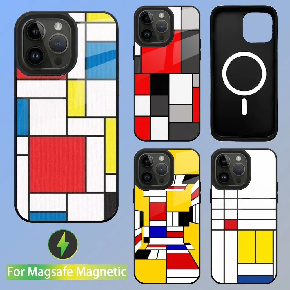 TOPLBPCS Mondrian Grid Phone Case For iPhone 15,14,13,12,11,Plus,Pro,Max Mini Magsafe Magnetic Wireless Charging