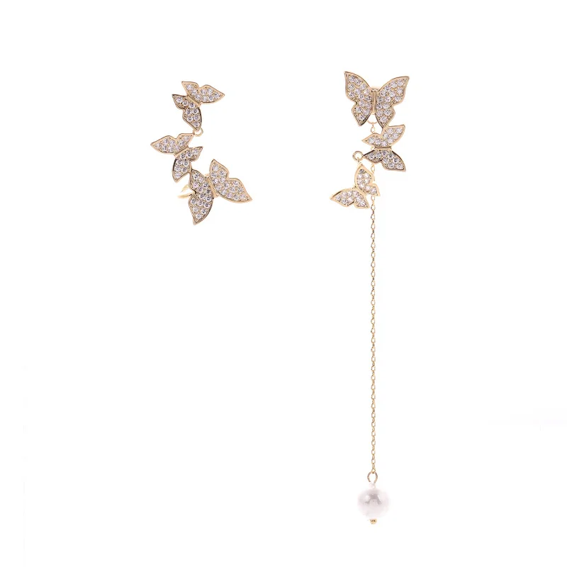 Elegant Butterfly Pearl Drop Earrings for Women, Luxury Cubic Zircon Long Threader Earrings, Wedding Daily Jewelry