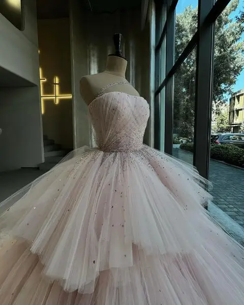 Dusty Pink Big Volume Tulle Formal Dresses With Sparkle Crystal Beads Details Layered Tutu Tulle Bridal Dress Lace Up Back