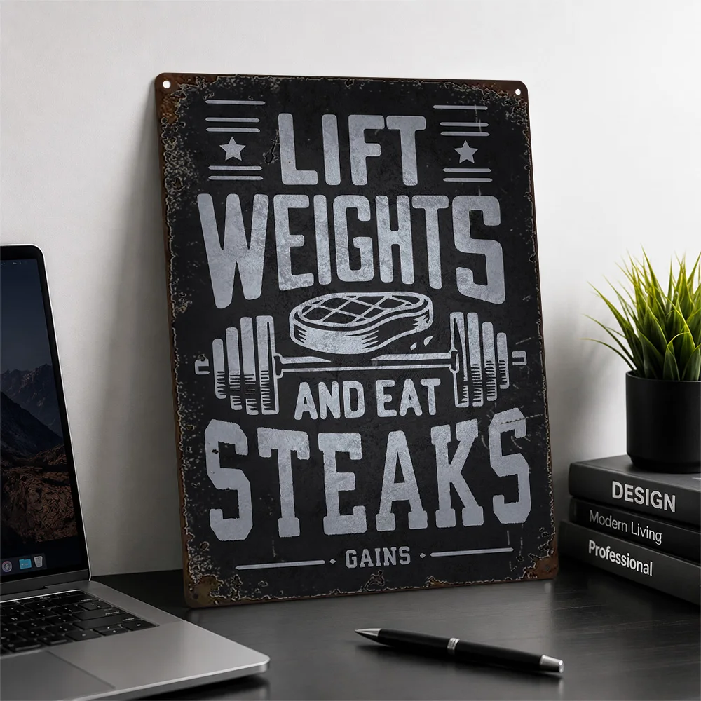 Lift Weights And Eat Steaks Textured Metal Poster Typography Wall Art For Home Gym Customized Aluminum Sign Fitness Lover Gift