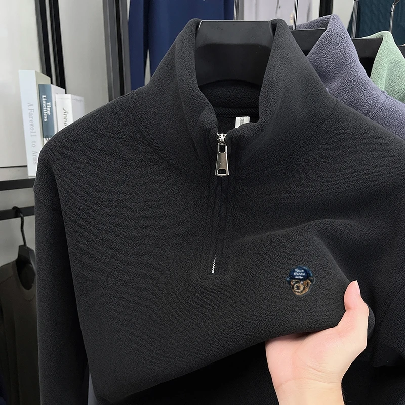 

Пуловер с вышивкой медведя из мультфильма, осень-зима, немецкие бархатные мужские толстовки с воротником-стойкой на молнии, высококачественная теплая модная мужская одежда