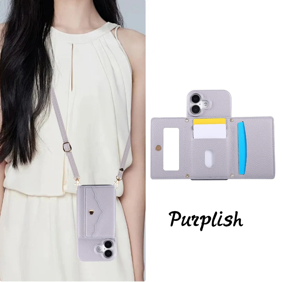 

Luxury Crossbody Strap Leather Wallet Card Holder Case For iPhone 17 12 13 14 15 16 Pro Max Plus Purse Phone Cover With Mirror