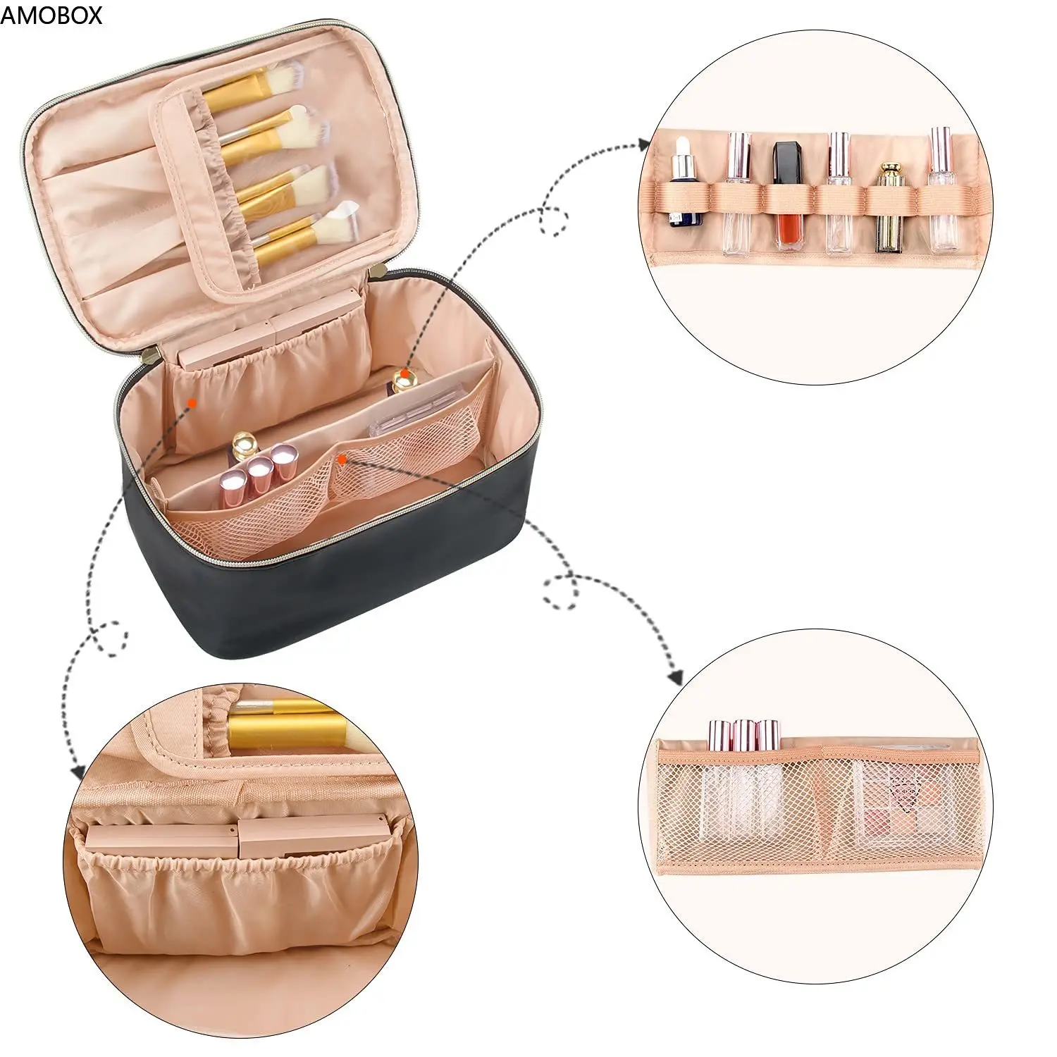 AMOBOX-Portable Makeup Bag with Handle and Divider, Travel Case, Toiletry Organizer, Large Capacity