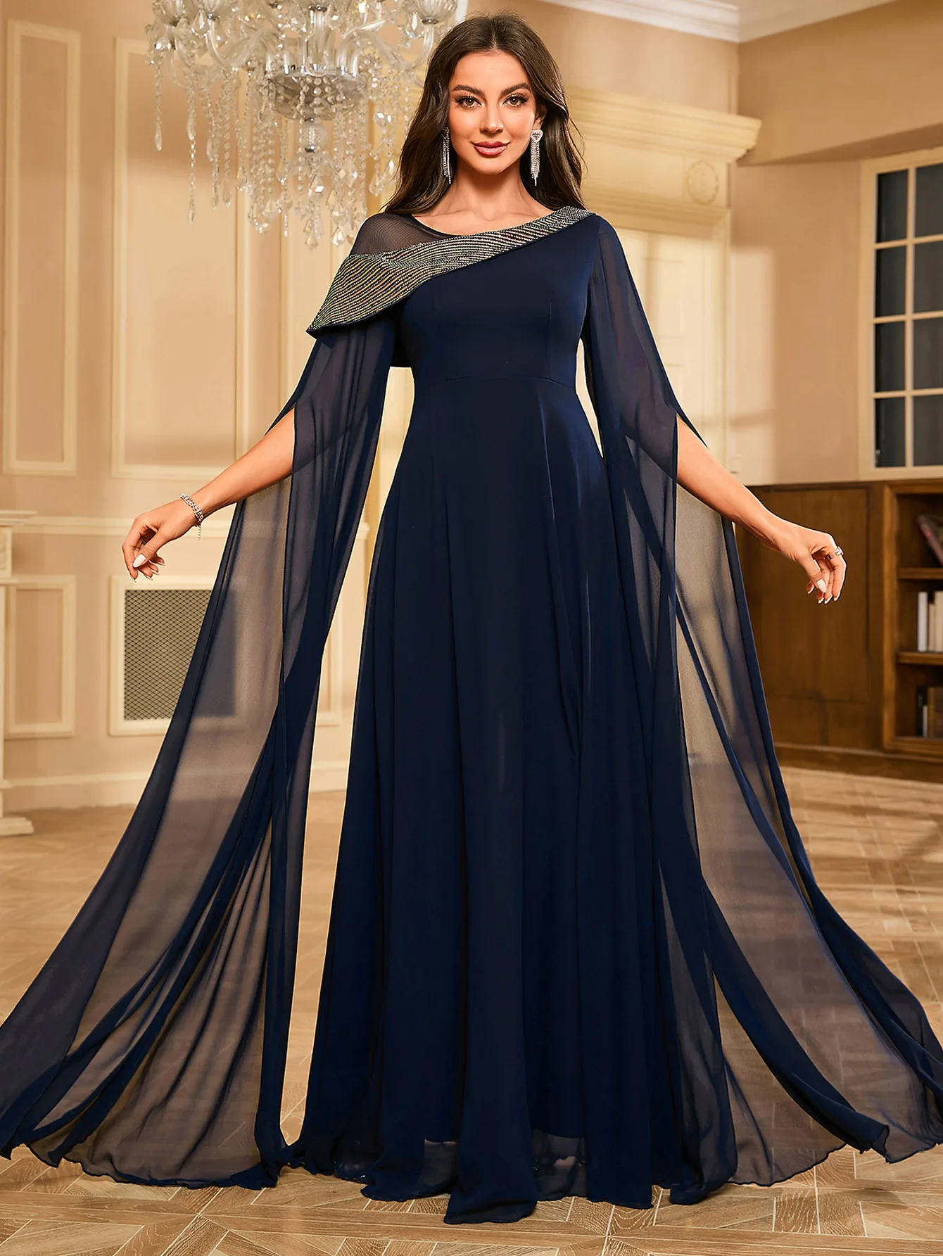 UNITHORSE Sequin Patchwork Chiffon Capelet Sleeve Formal Evening Dress
