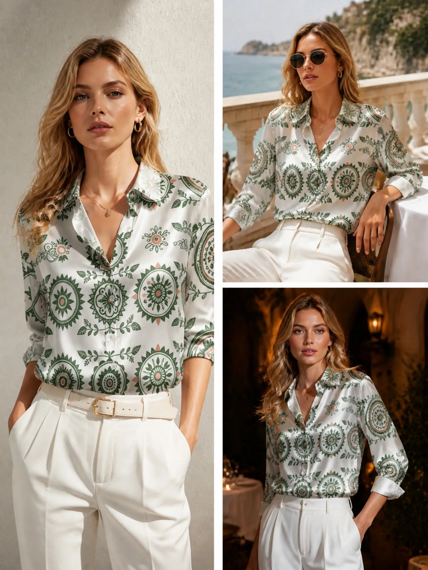 

Ivory Green Medallion Satin Blouse for Women Long Sleeve Button Down Shirt Elegant Coastal Resort Silky Top