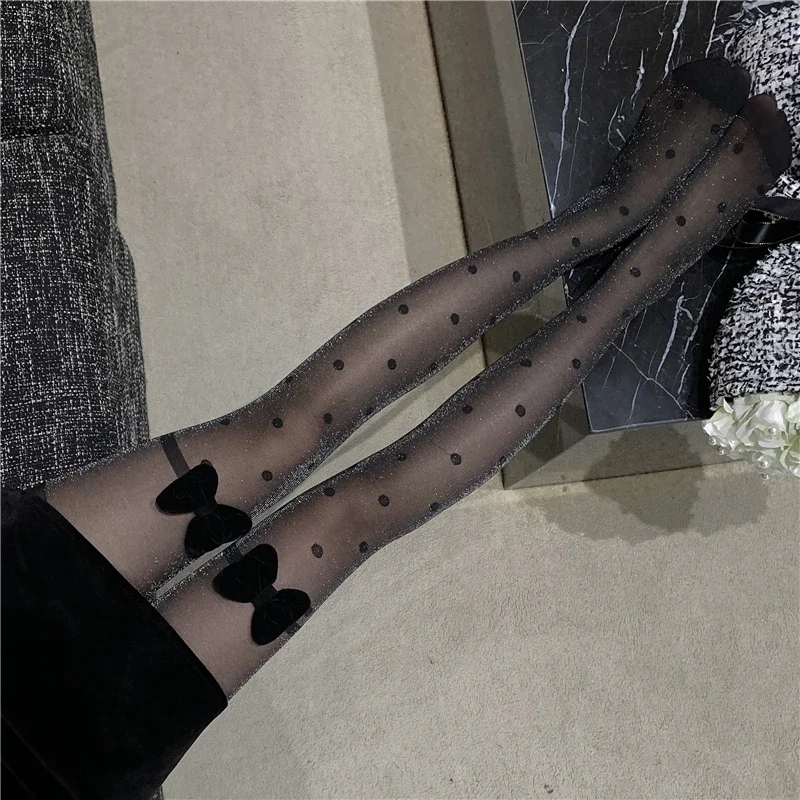 Lolita-Collants noirs à pois pour filles, bas de cuisse, collants pour femmes, lingerie sexy, chaussettes à nœud papillon en velours