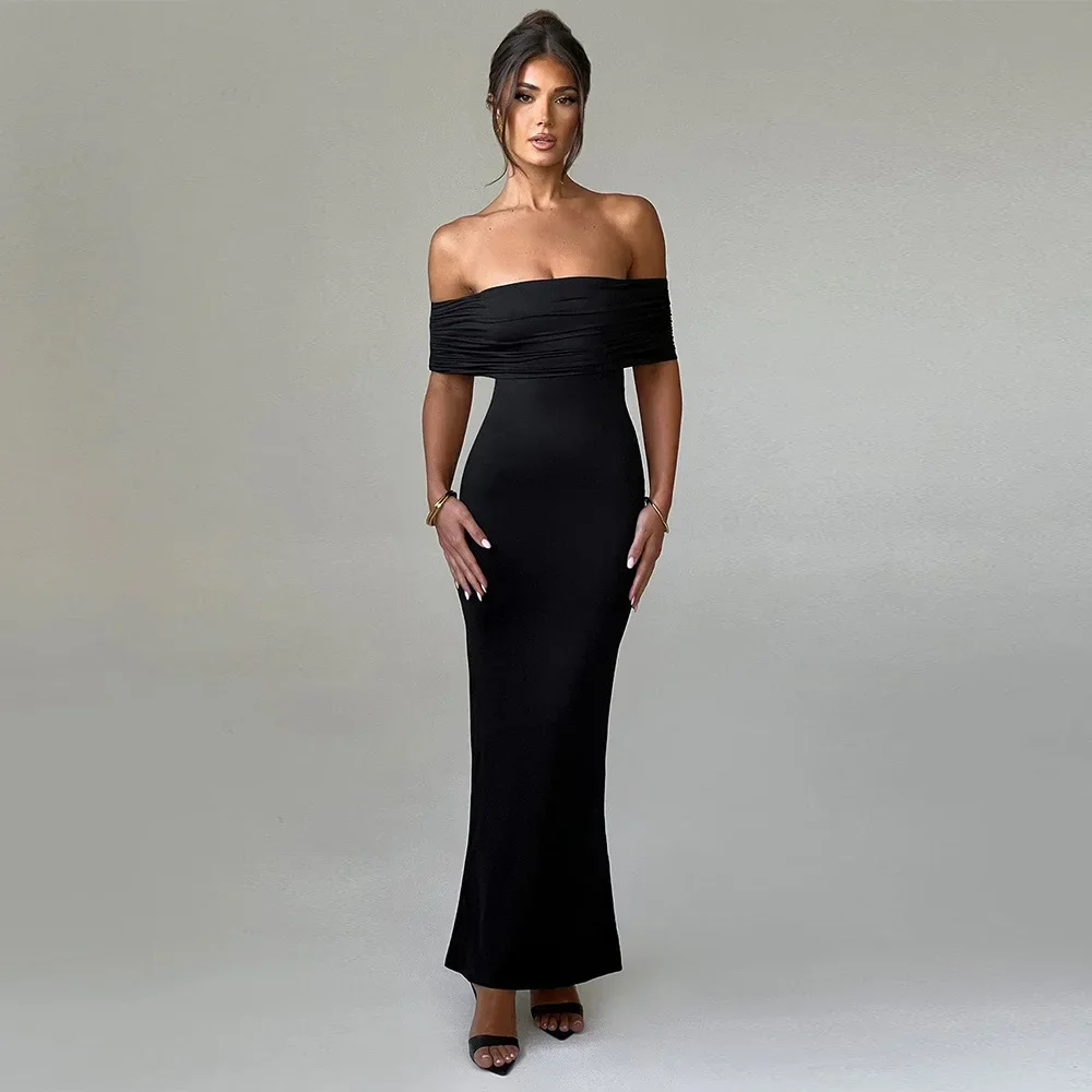 2025 New Strapless Backless Sexy Maxi Dress For Women Black Solid Off-shoulder Sleeveless Bodycon Club Party Long Dress Elegant