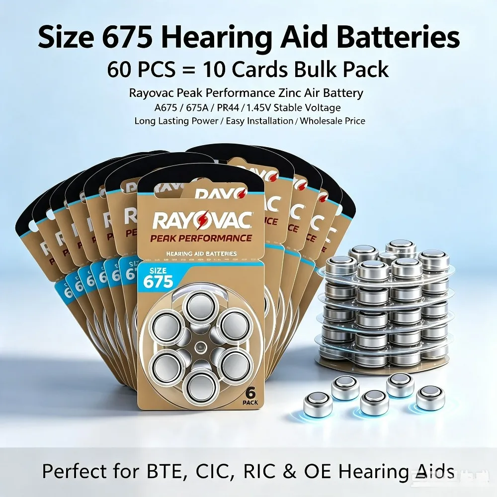 60PCS/10 Cards Rayovac Peak 1.45V 675 A675 PR44 Mercury Free Zinc Hearing  Air Battery For Hearing Aids Cochlear Implants