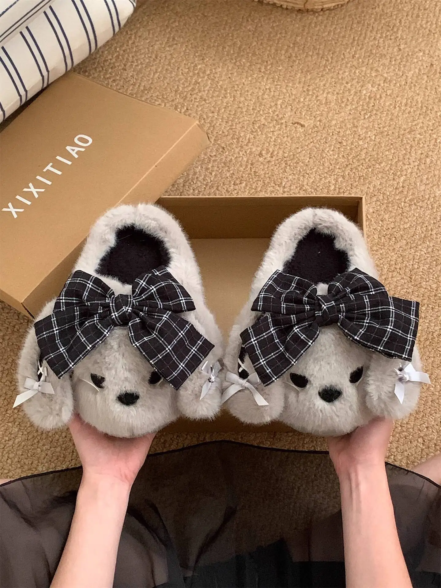 

Cute Fluffy Bunny Slippers For Women Autumn Winter Lolita Bow Design Cotton Indoor Household Non Slip Postpartum Shoes