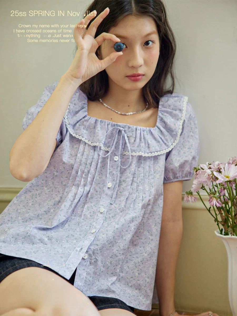 

Nov Et Floral Lace ort Sve irt Women's Square Collar ort Sle Purple Top Cotton Bubble Sve Vintage Commute Sle