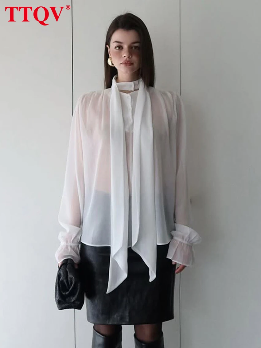 

TTQV Модная свободная белая женская рубашка 2026 с бантом на воротнике, блузка с длинным рукавом, элегантный классический полупрозрачный топ, женская одежда