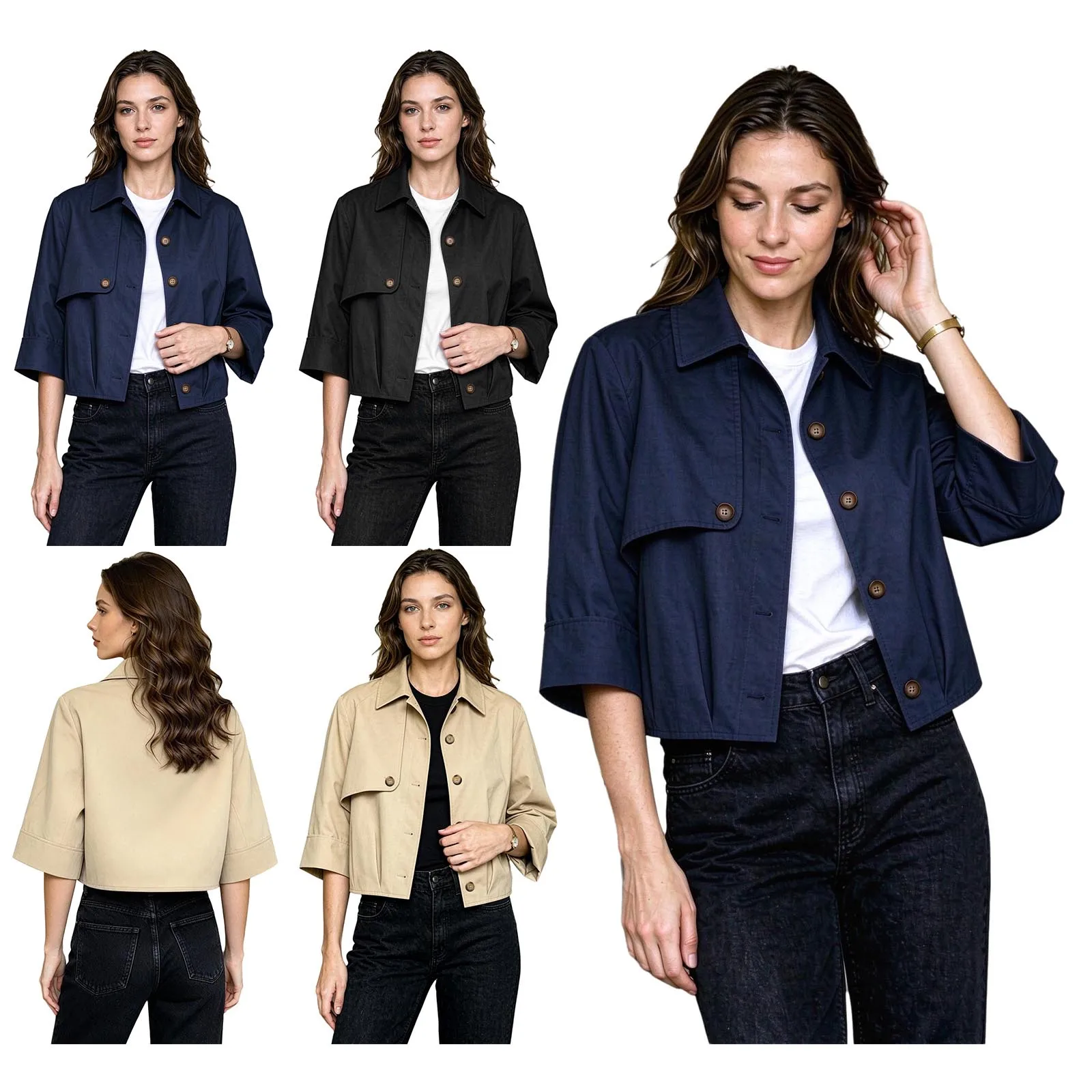 New Women Pleated Hem Trench Coat Turn-down Collar 3/4 Sleeves Button Jacket Outerwear for Working Office Daily Life Casual Wear