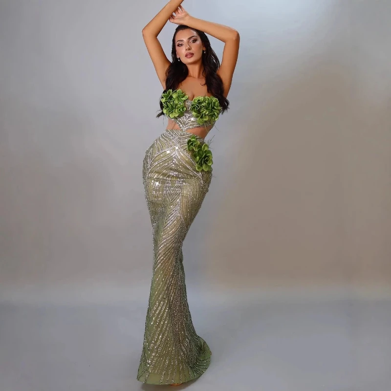 Verde oliva elegante vestido sereia cintilante sem alças sem costas flores sexy corte bodycon bandagem vestido de noite