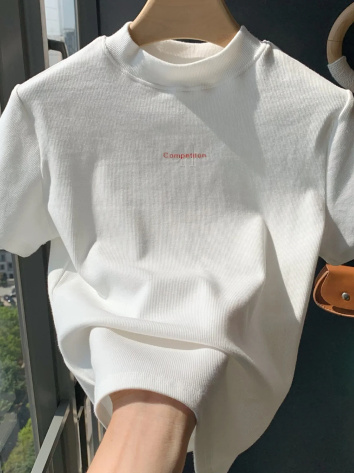 White Slim Fit ort Sve T-irt Women's Summer New Sle Printed Commute Sle Korean Version Cotton Polyester Blend