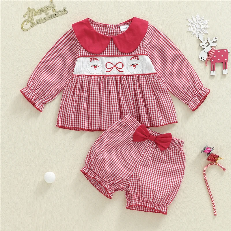 Toddler Girl Christmas Outfit Long Sleeve Doll Collar Santa Claus Plaid Tops Lantern Shorts 2Pcs Children Clothes Sets