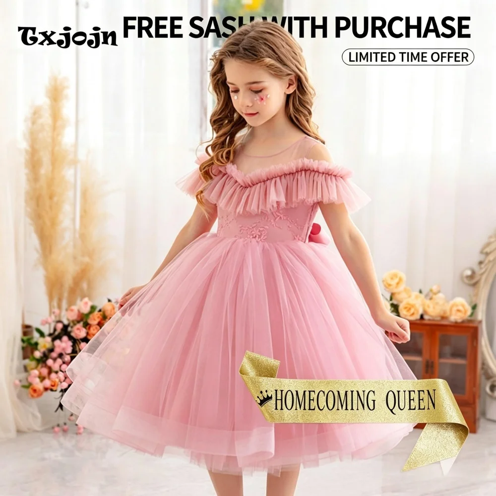 Princess Style Ruffled Homecoming Girls Dress, Off-the-shoulder  Mesh Birthdy Party Dress for Girls, Flower Girl Wedding Dress