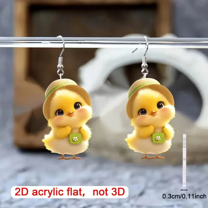 

Cute duck with straw hat earrings 2D flat acrylic creative versatile countryside style yellow duck earrings