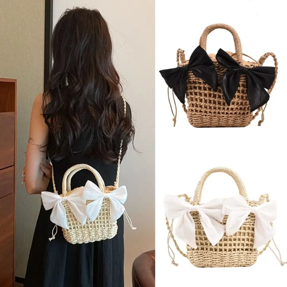 

Simple Summer Bowknot Bucket Bag Hollow Out Large Capacity Weave Straw Bag Cute Tote Crochet Shoulder Bag Streetwear