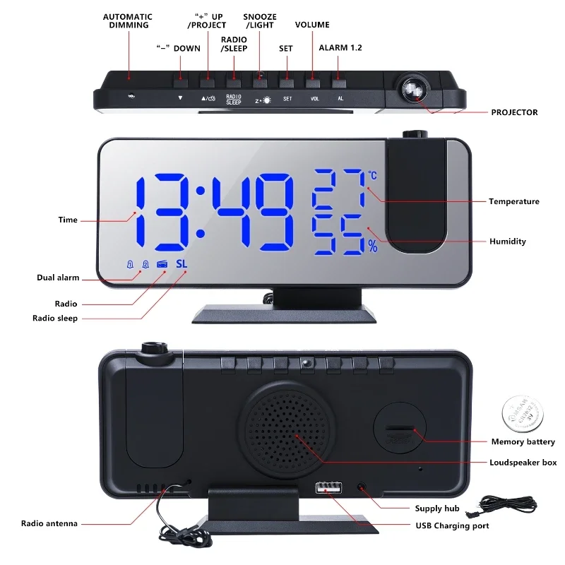 FM Radio Led Digital Alarm Clock Thermomether Humidity Dual Alarm Mute Clock Electronic Table Digital Clock with 180° Projection