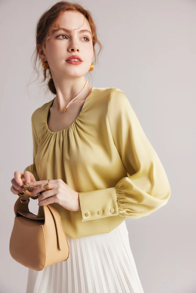 90% Silk 10% Spandex Women's Blouse O Neck Long Sleeves Ruched Elegant Fashion Quality Tops