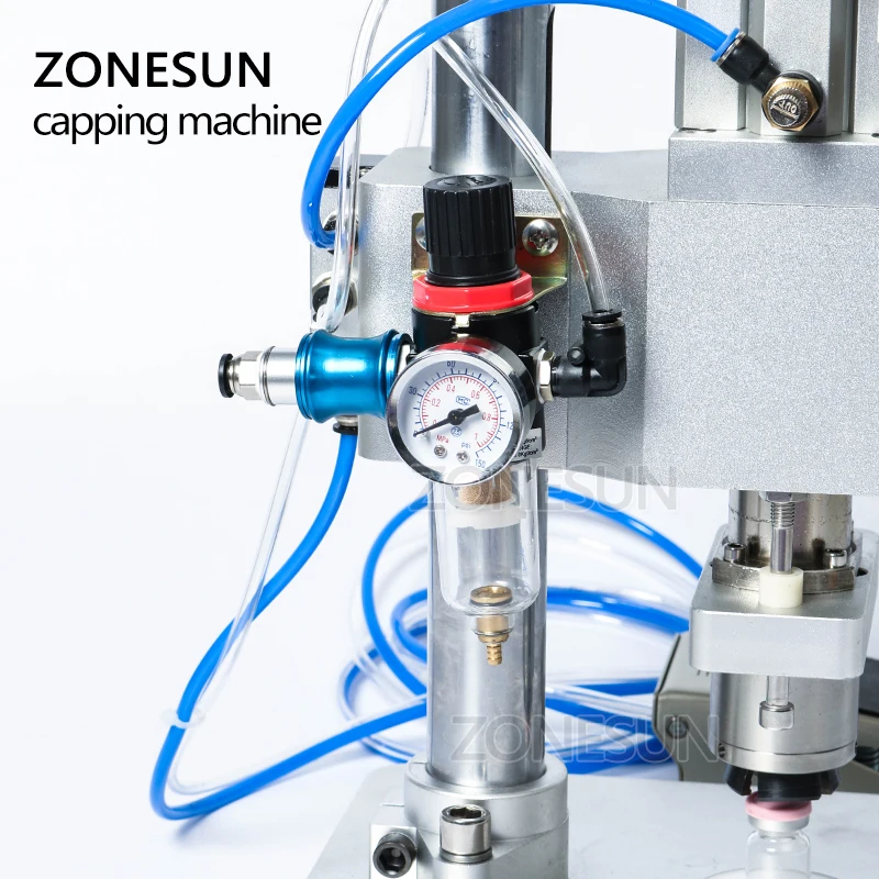 ZONESUN Semi-automatic Pneumatic Liquid Small Glass Bottle Capper Aluminum Metal Plastic Vial Crimper Capping Machine