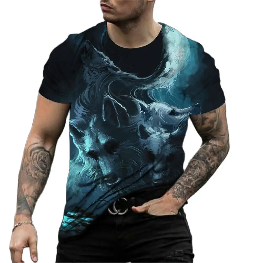 Vintage T Shirt Mens 3D Animal Print Short Sleeve Tops Casual Street Wolf Graphics T-shirt Oversized Tee Shirt Men Clothing