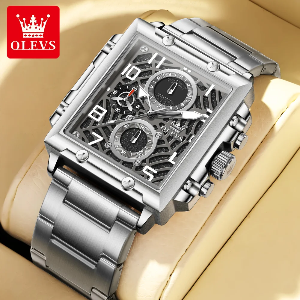 

OLEVS 2958 Мужские модные кварцевые часы с календарем и хронографом, серебряные светящиеся наручные часы с прямоугольным циферблатом, 30 м, водонепроницаемые