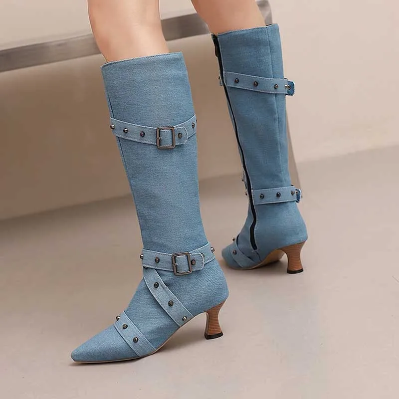 

Pointed Toe Women Knee High Boots Female Chunky Heels Rivets Belt Buckle Design Botas Winter PU Leather Women's Shoes WSH5172