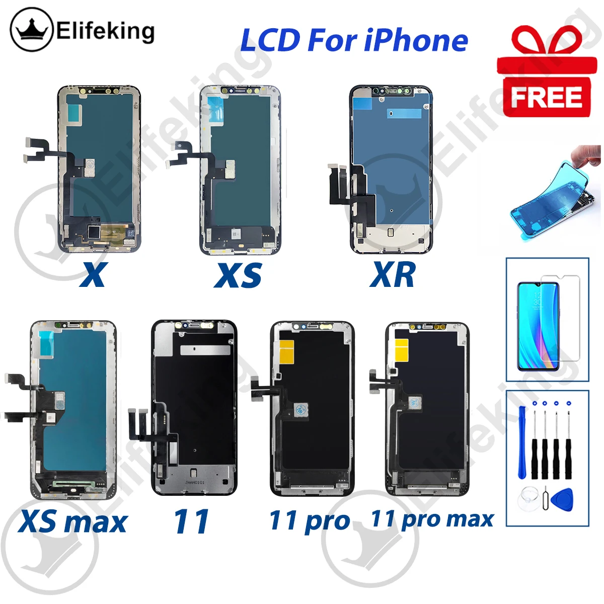 

For IPHONE LCD X XR XS XS MAX 11 11 PRO 11PRO MAX LCD 12 12 PRO LCD Display Screen Assembly Replacement With Tool Tempered Film