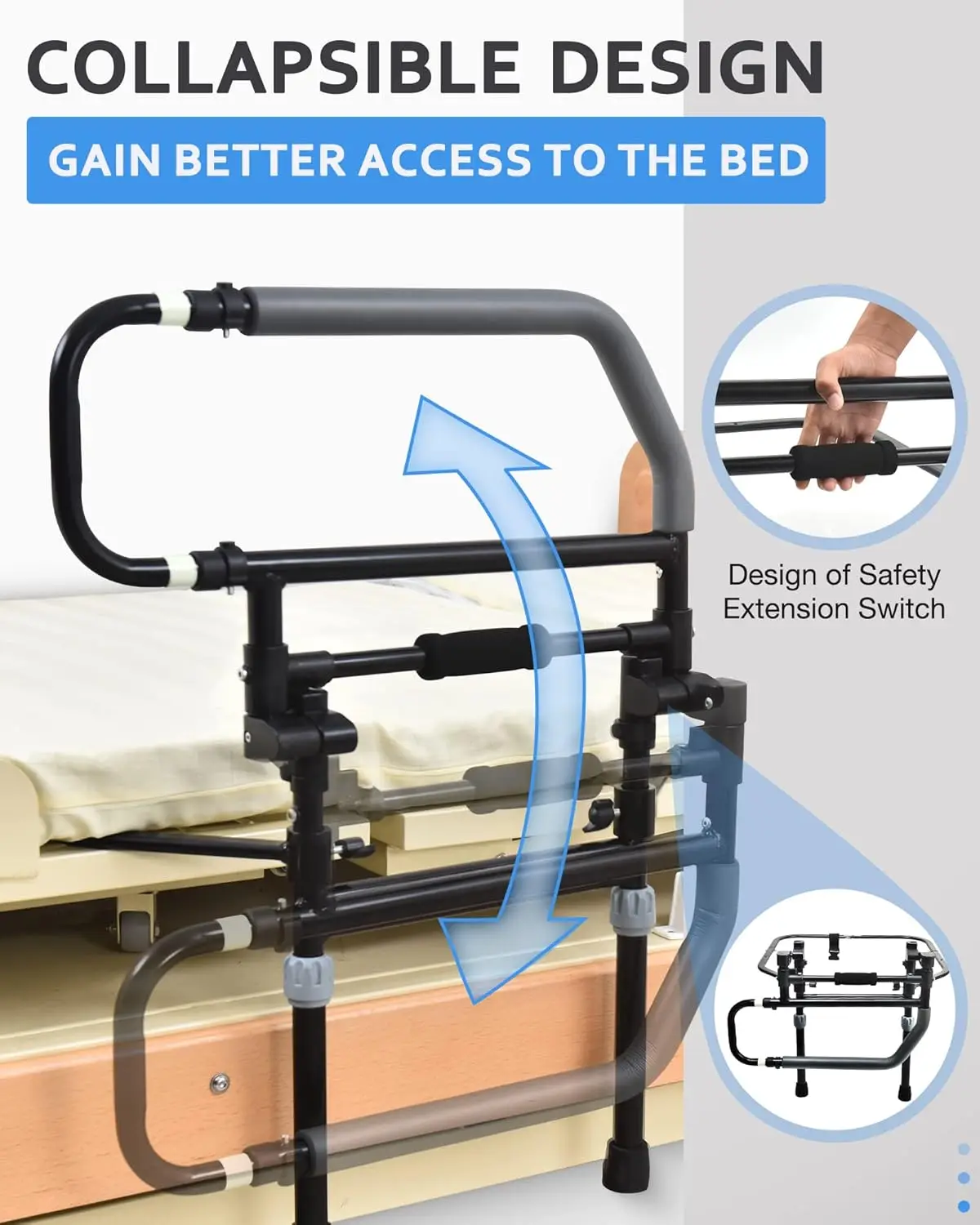 Heavy Duty Bed Rails for Seniors & Elderly - Foldable Assist Handle with Adjustable Height