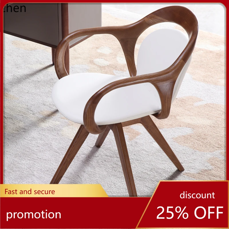 

HT high-end modern black walnut leather solid wood leisure chair, Nordic rotating book chair home decor