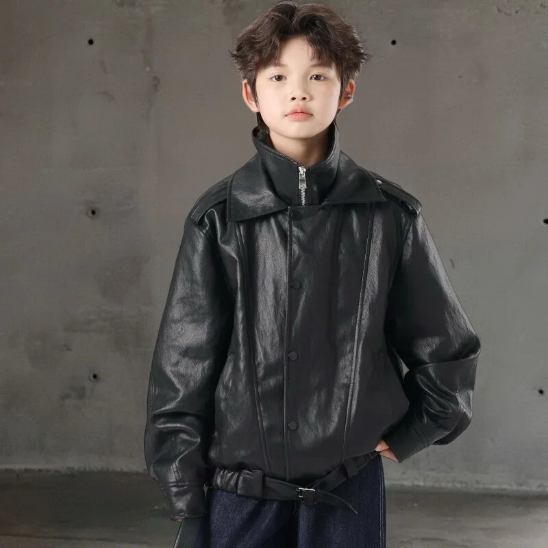 High Quality Children's Clothing Boys Pu Leather Jacket Spring Autumn Motorcycle Style Jacket, Fashion Teen Black Jacket 3-15Yrs