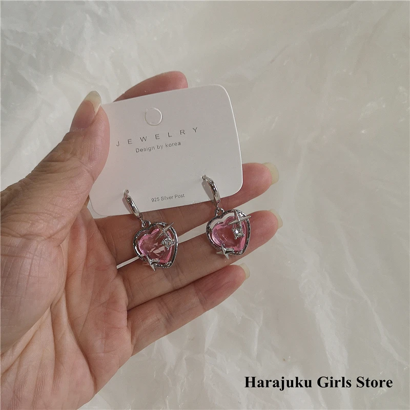 Goth Harajuku Fashion Pink Peach Heart Drop Pendant Earrings For Women Egirl Sweet Cool Aesthetic Y2K EMO Accessories Jewelry