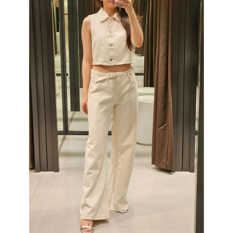 

Женский джинсовый костюм High Street, жилет на пуговицах с лацканами, прямые брюки, летняя мода, праздник, простой пригородный костюм 2025 г.