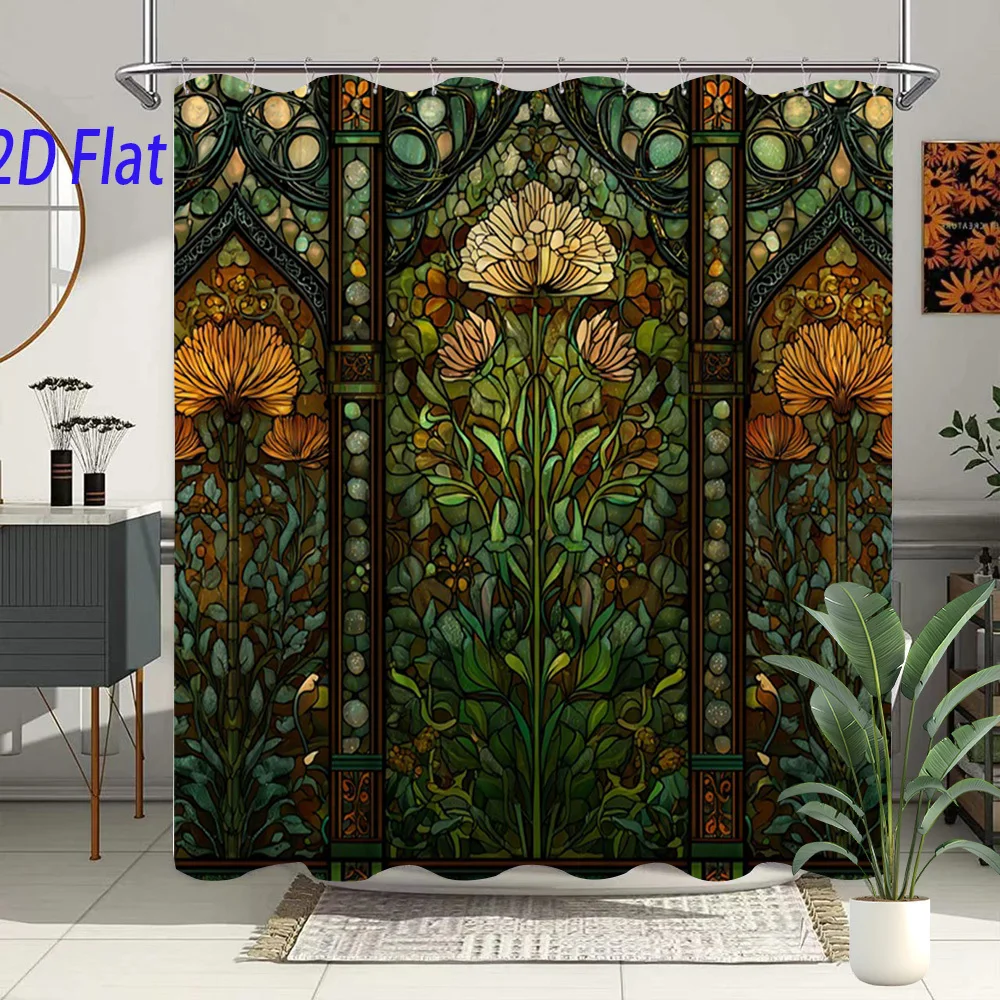 1pc Vintage Stained Glass Shower Curtain - Elegant Gothic/Renaissance Floral & Leaf Pattern in Green/Brown, Semi- Privacy Window