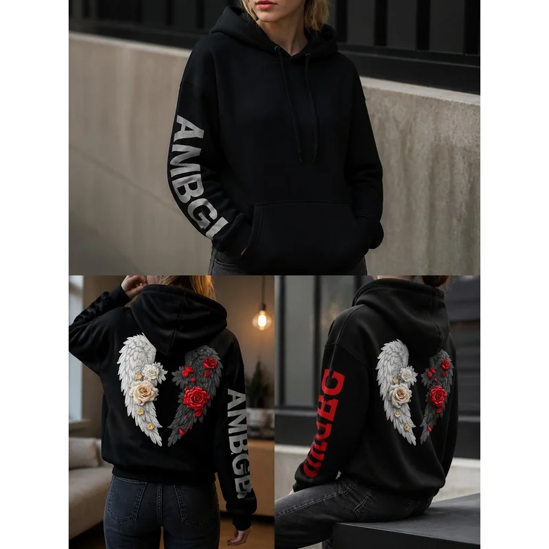 This is a stylish hoodie，Features an angel wings and rose theme design，Suitable for daily casual wear in autumn and winter