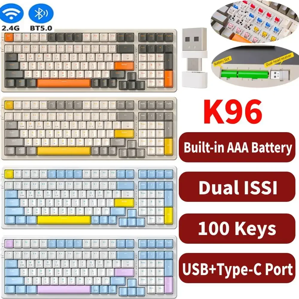 K96 Mechanical Keyboard USB Type-C Bluetooth-compatible Gaming Keyboard Wireless 2.4G Hotswap 100 Keys for PC Red Axis