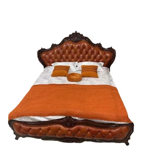 

European walnut 1.8 meters double bed master bedroom first layer cowhide bed medium ancient American court weddin