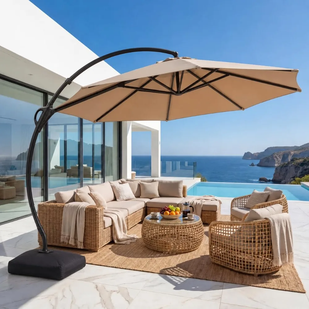 11FT Offset Patio Umbrella with Base, 360° Rotation Cantilever Outdoor Umbrella, Heavy Duty Curved Hanging Umbrella, Customized