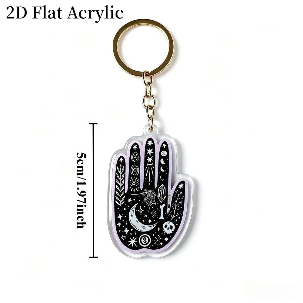 This wizard-themed hand-shaped acrylic keychain features a sweet yet edgy and mysterious design; perfect as a gift.