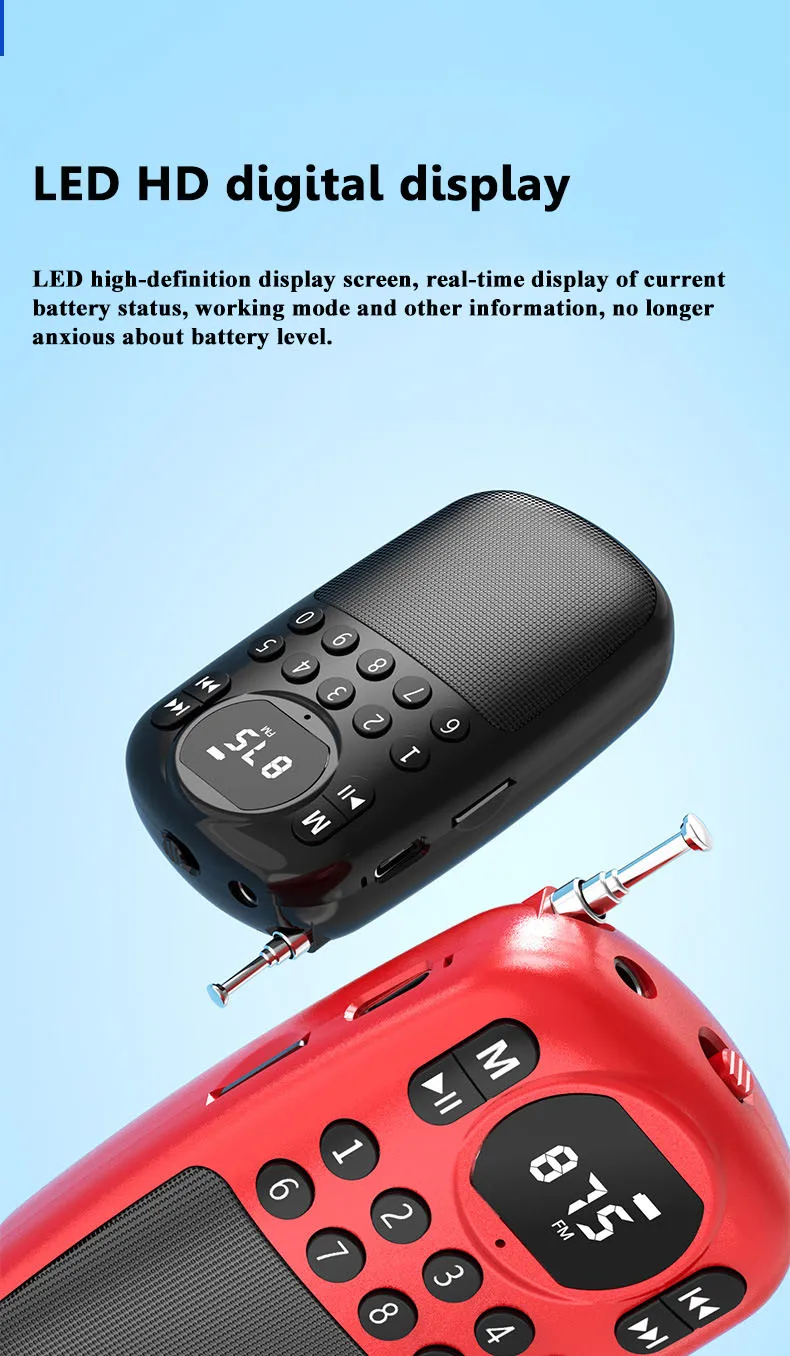Mini Radio FM de Bolsillo, Receptor Digital Portátil con Pantalla HD, Altavoz Bluetooth Inalámbrico, Reproductor de Músi