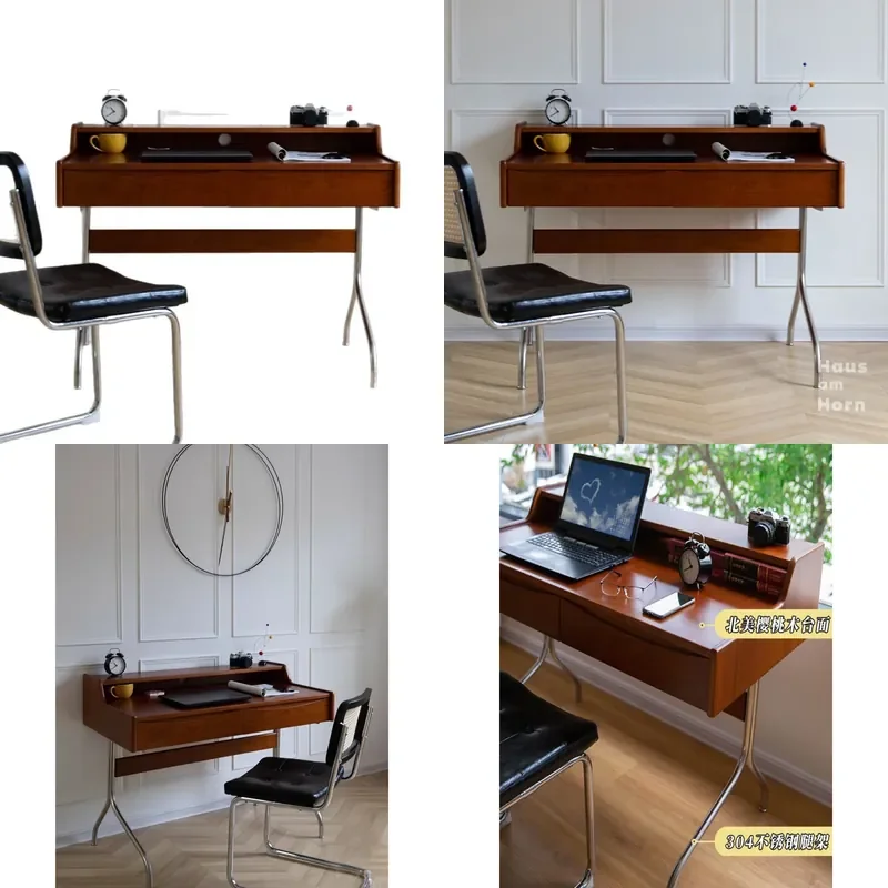 Retro Solid Wood Desk Compact Writing Table for Small Apartment Home Office Study Gaming Setup