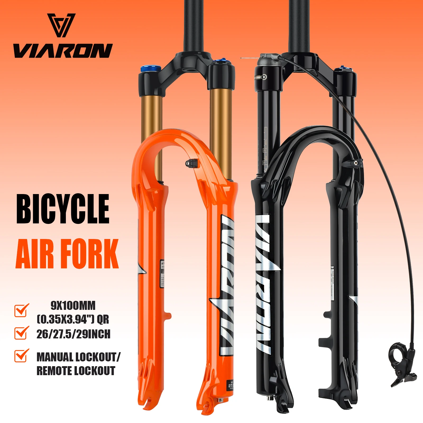 VIARON Straight Tube Bicycle Suspension Air Fork 26/27.5/29 Inch MTB Air Fork 32mm Tube 9x100mm Quick Release 120mm Travel